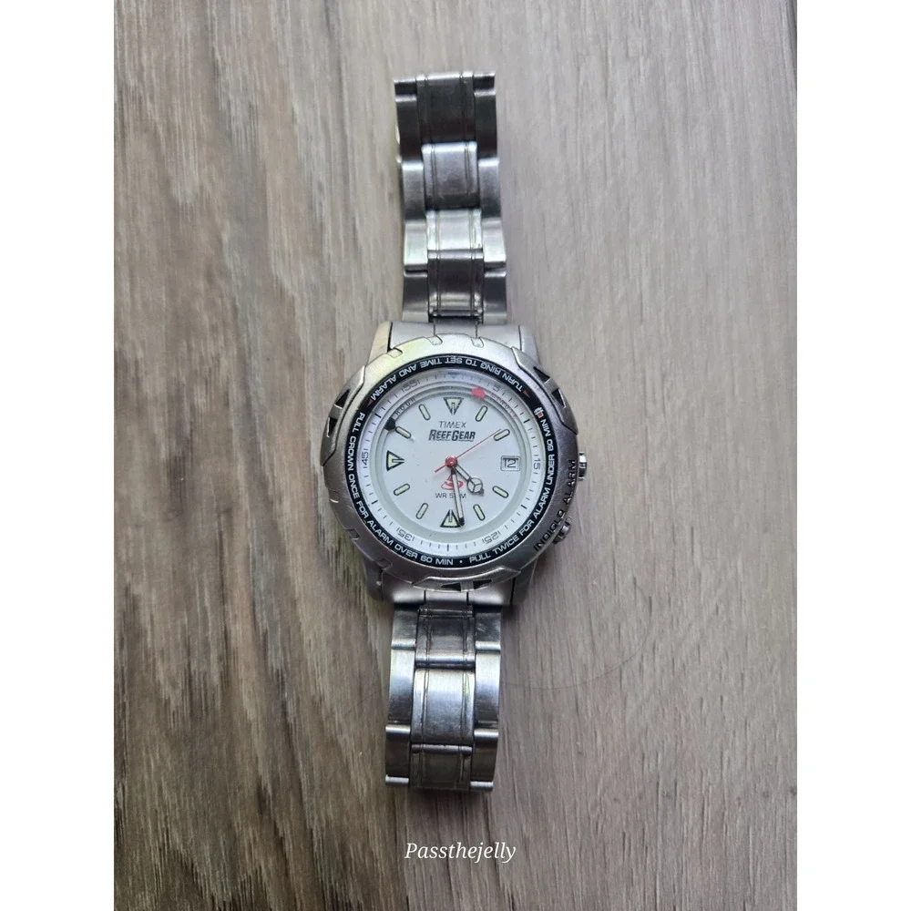Timex Watch Mens 40mm Reef Gear Alarm Silver Tone Date Diver Style Y2K Field